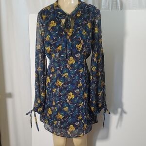 Band of Gypsies Long Sleeve Floral Mini Dress Blue with Yellow Accents Size M